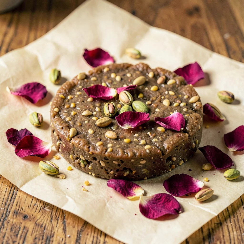 hand-pressed disc of homemade nougat scattered with rose petals and pistachios o