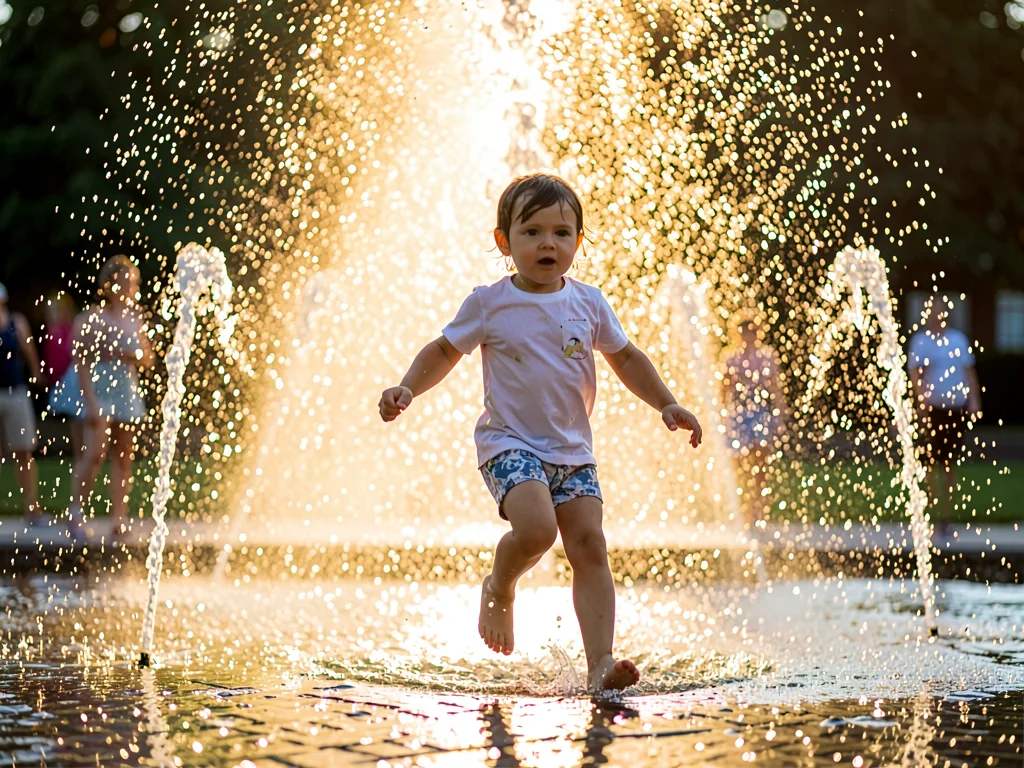 Child running through fountain spray backlit by sun, water drops becoming stars