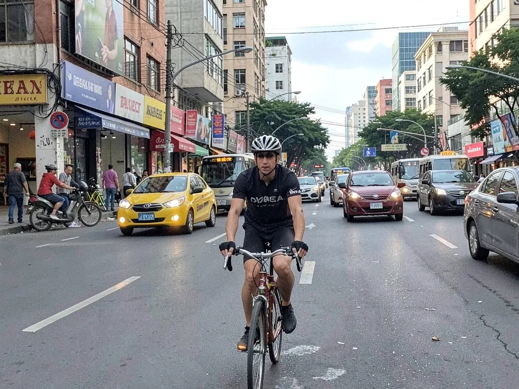 Cyclist through urban traffic