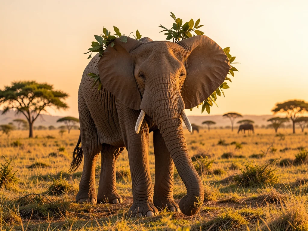 Elephant with tree trunk legs, leaves growing from ears, savanna, golden hour