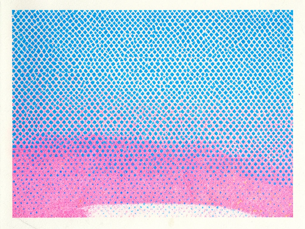 Dense all-over risograph pattern of tiny triangles in blue and pink, the drum ro