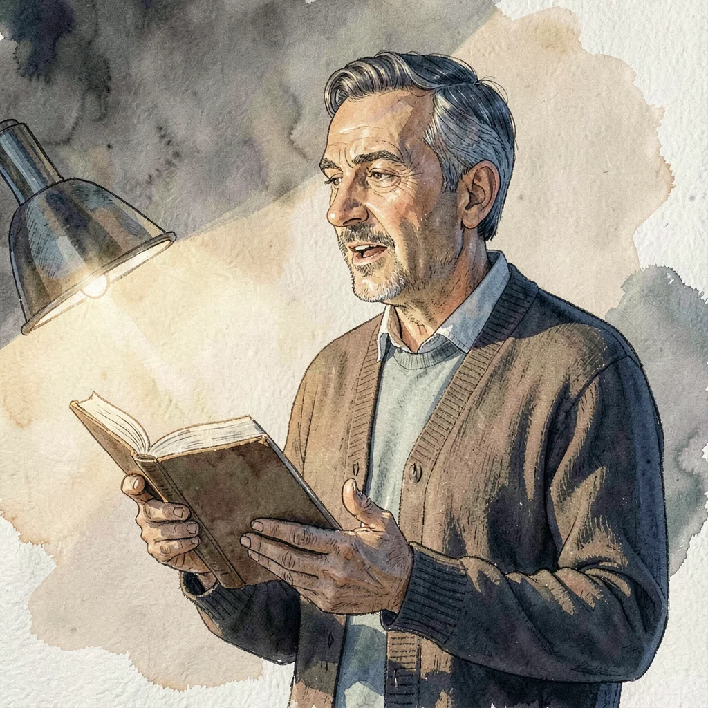 Side-light portrait of a tutor in a long cardigan reading aloud from a paperback