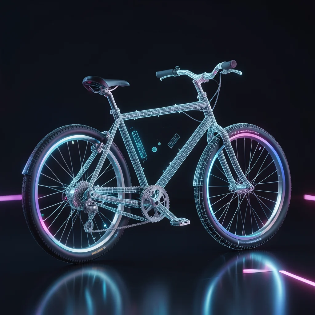 Bicycle where wheels are photorealistic but frame is exposed wireframe mesh