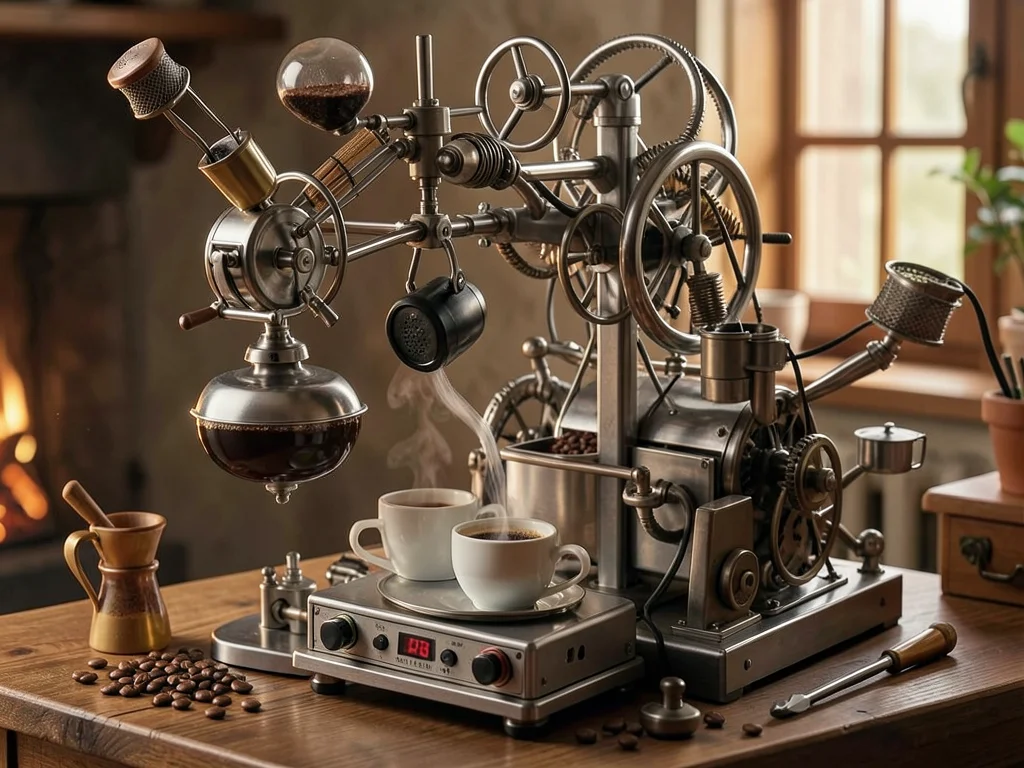 Rube Goldberg breakfast machine, impossibly complex, making single cup of coffee