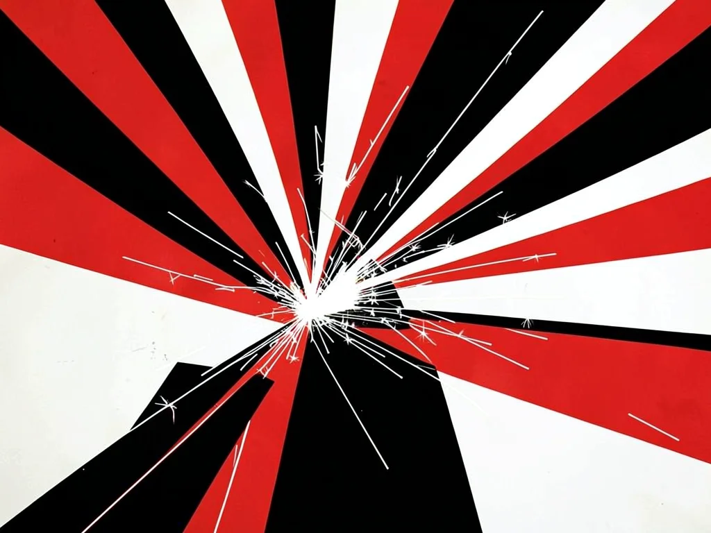 Welder's sparks radiating from a figure — geometric rays in red, white, black