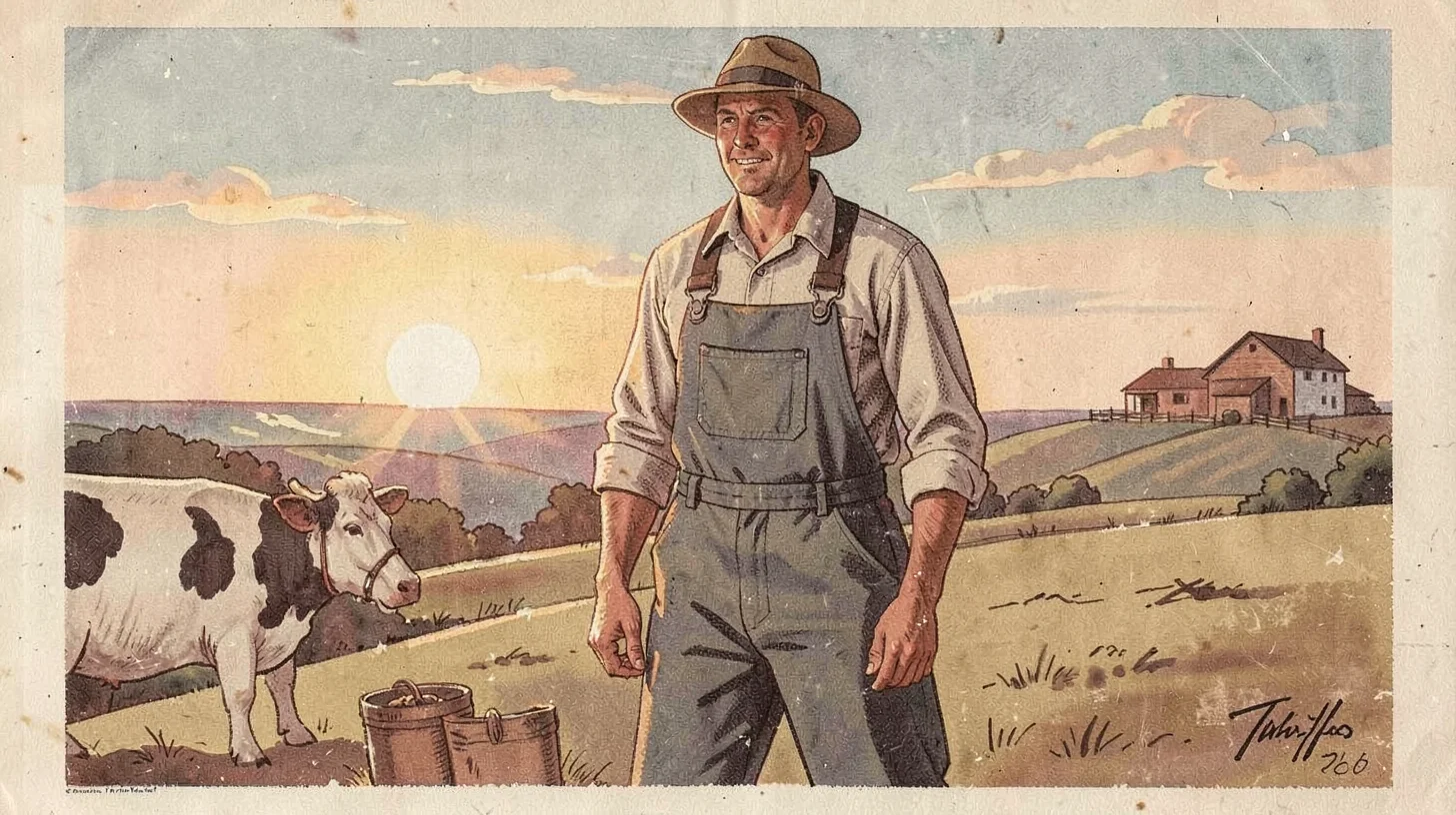Casein illustration, farmer in overalls at sunrise , milk-based paint, vintage m