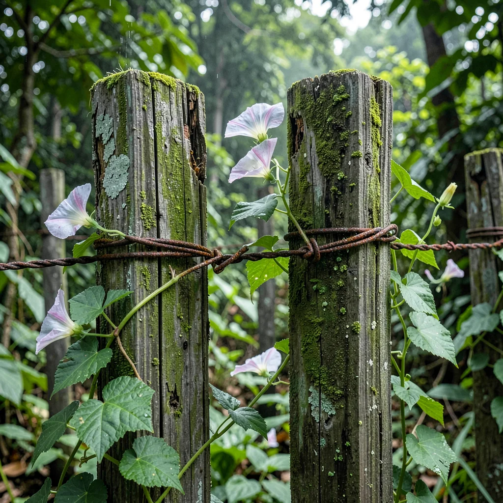 Tropical weathered surfaces, humid atmosphere, Wooden fence posts wrapped in mor