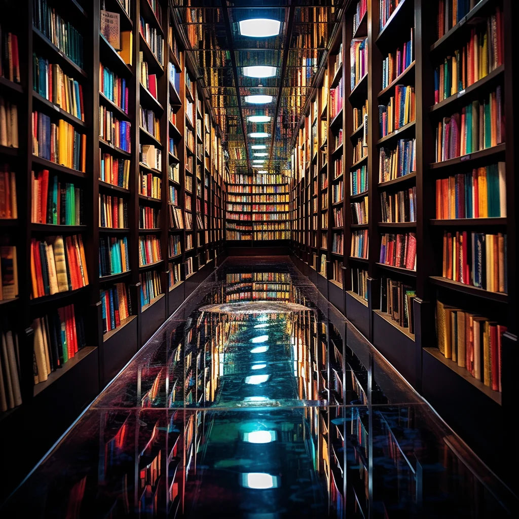 Photo In a bookstore a mirror reflects an aisle of co