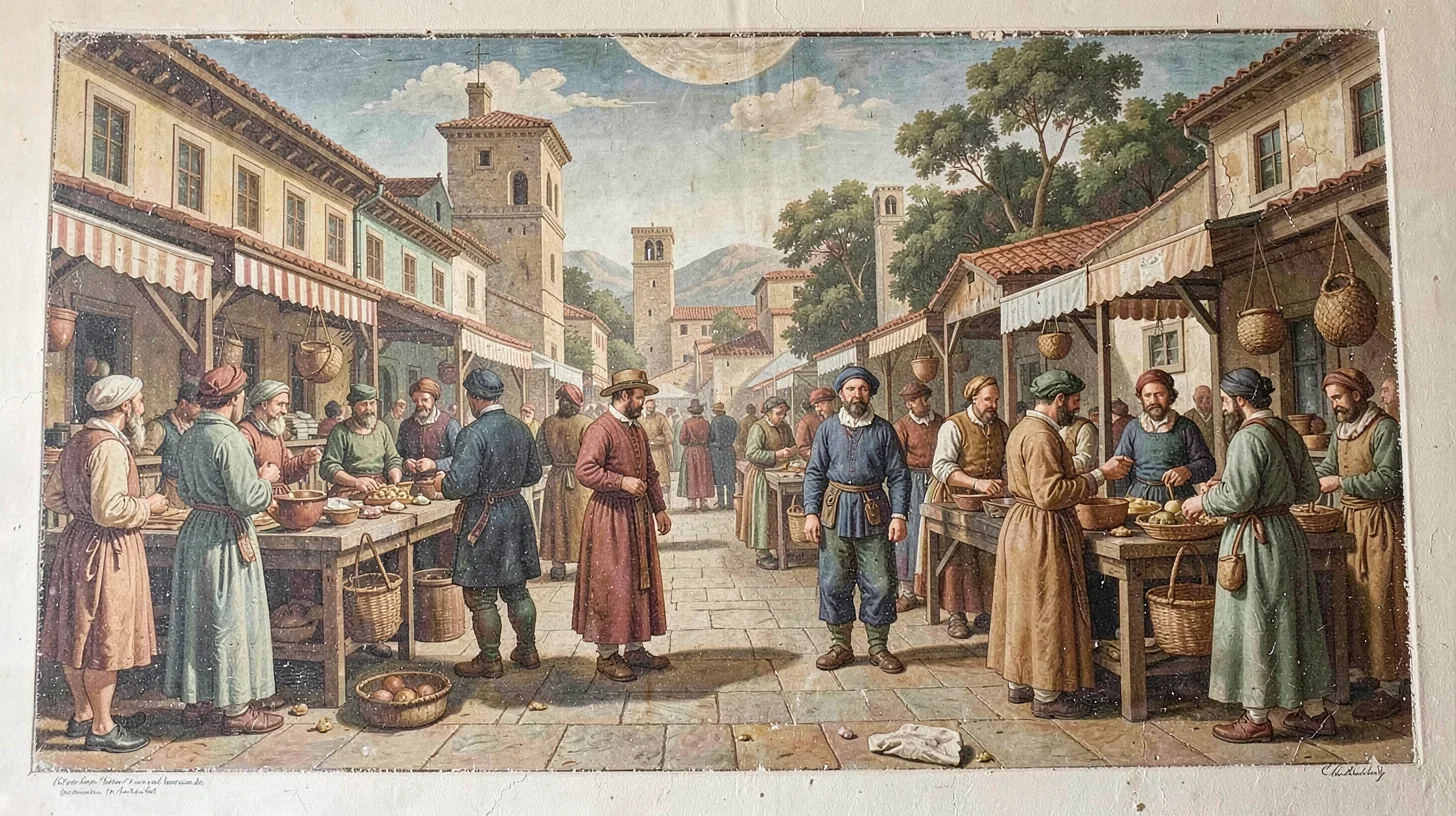 Fresco-style illustration, marketplace with vendors , painted into wet plaster, 