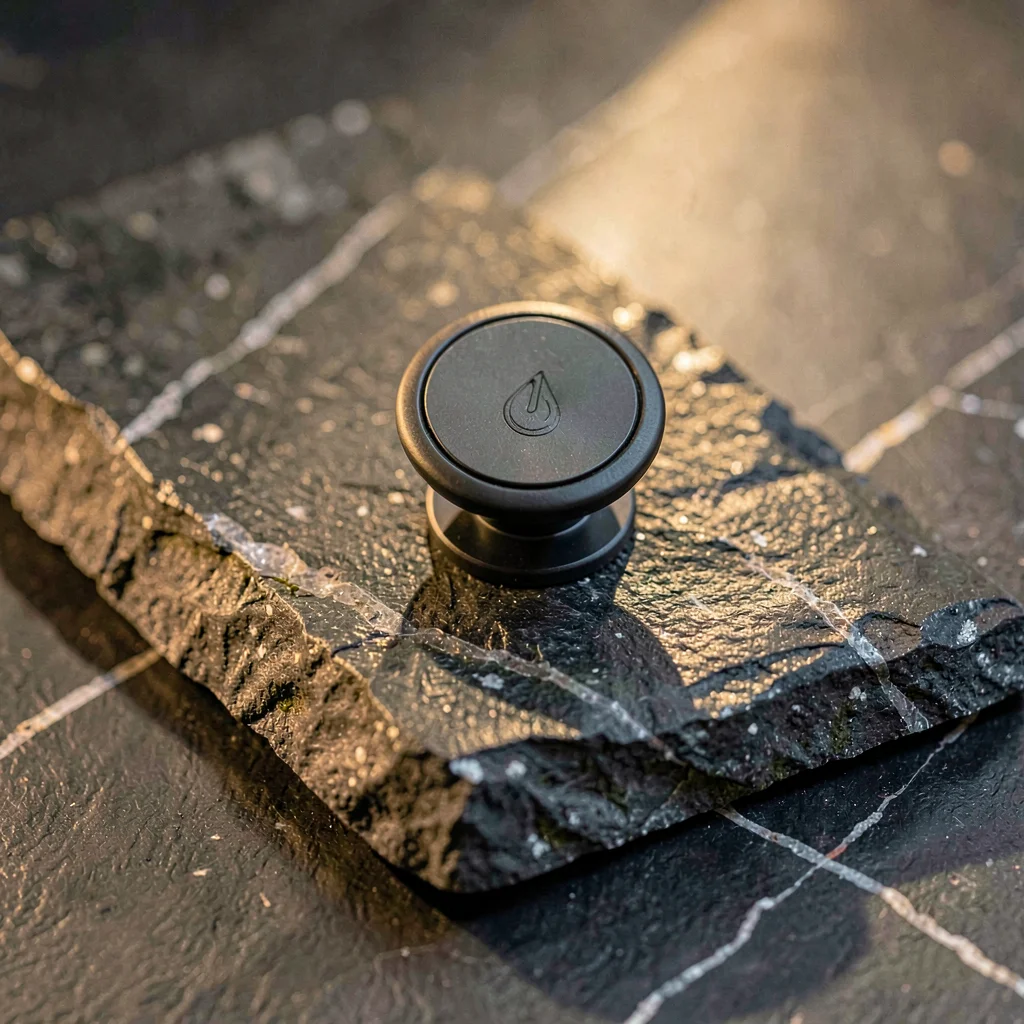Magnetic phone mount resting on a slab of polished basalt, faint quartz veins ru