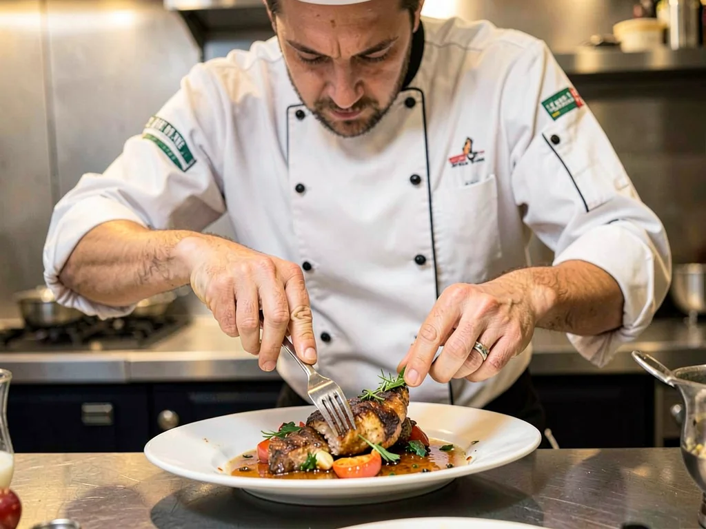 Chef plating a dish, hands appearing at every stage of gesture
