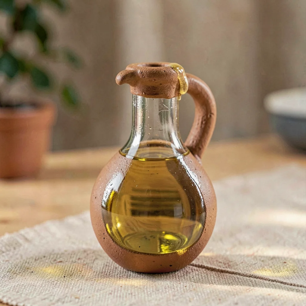 small clay amphora of cold-pressed flax oil sealed with a wax-dipped neck, deep 