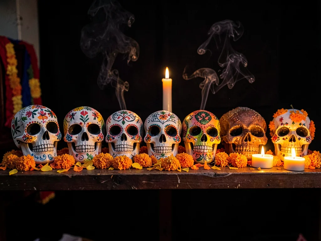 Row of sugar skulls on altar shelf