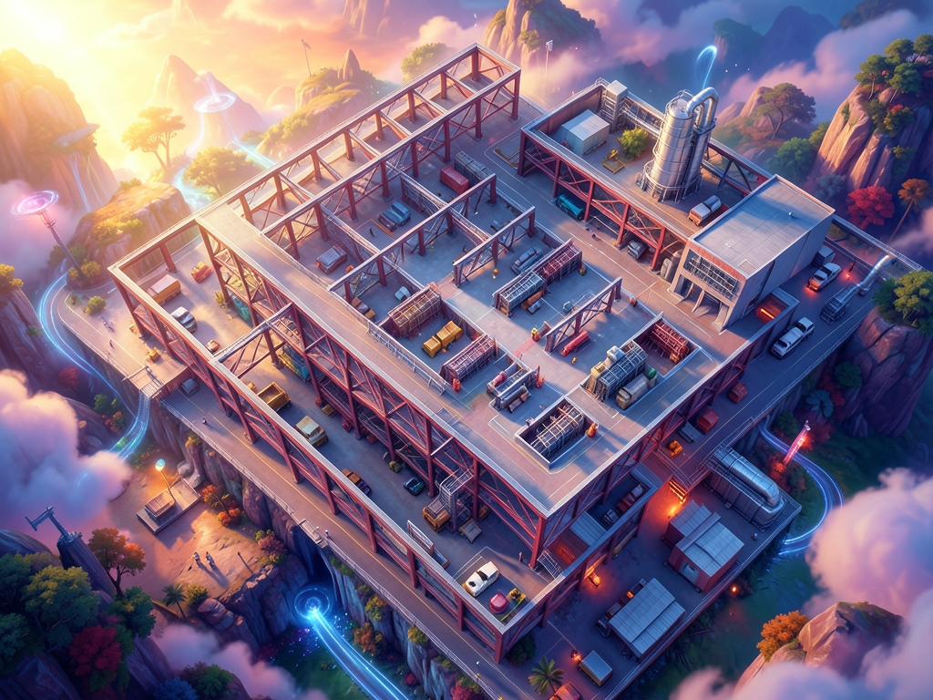 A breathtaking surreal landscape, dreamlike atmosphere,. warehouse floor plan top down. , painted with rich saturated co