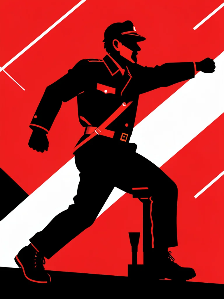 Factory worker silhouette in a powerful diagonal lunging pose, red and black