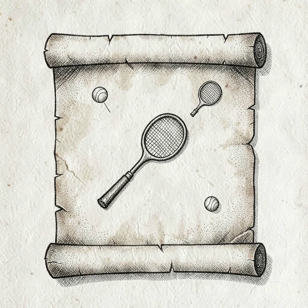 Legend card drawn as a parchment scroll with tiny racket, ball and net icons, fi