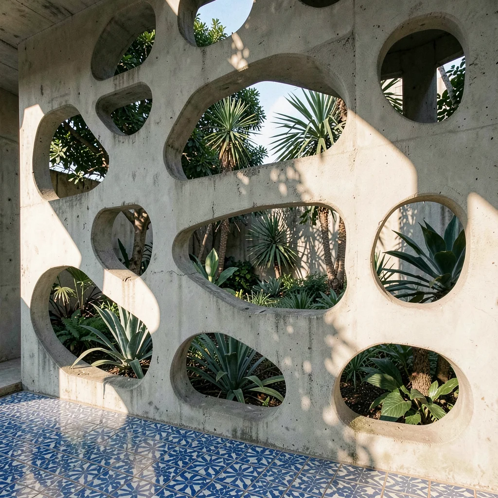 Detail of perforated concrete screen wall, each aperture framing a fragment of g