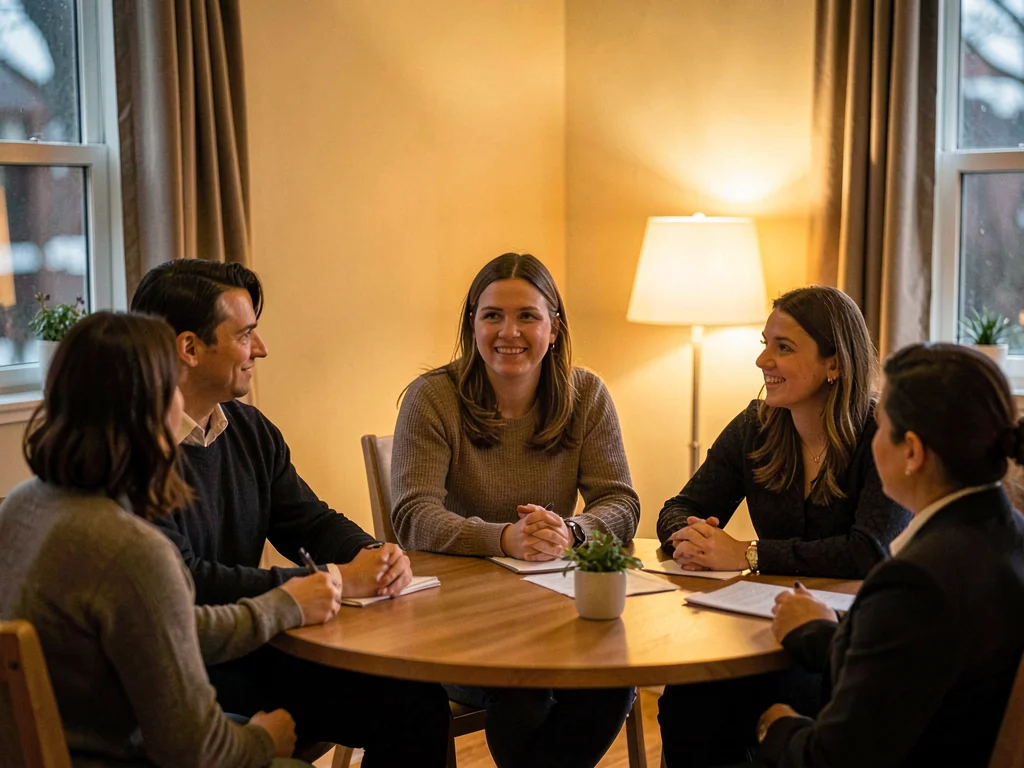 Lamp-lit group portrait of three borrowers at a circle-of-trust meeting, warm tu
