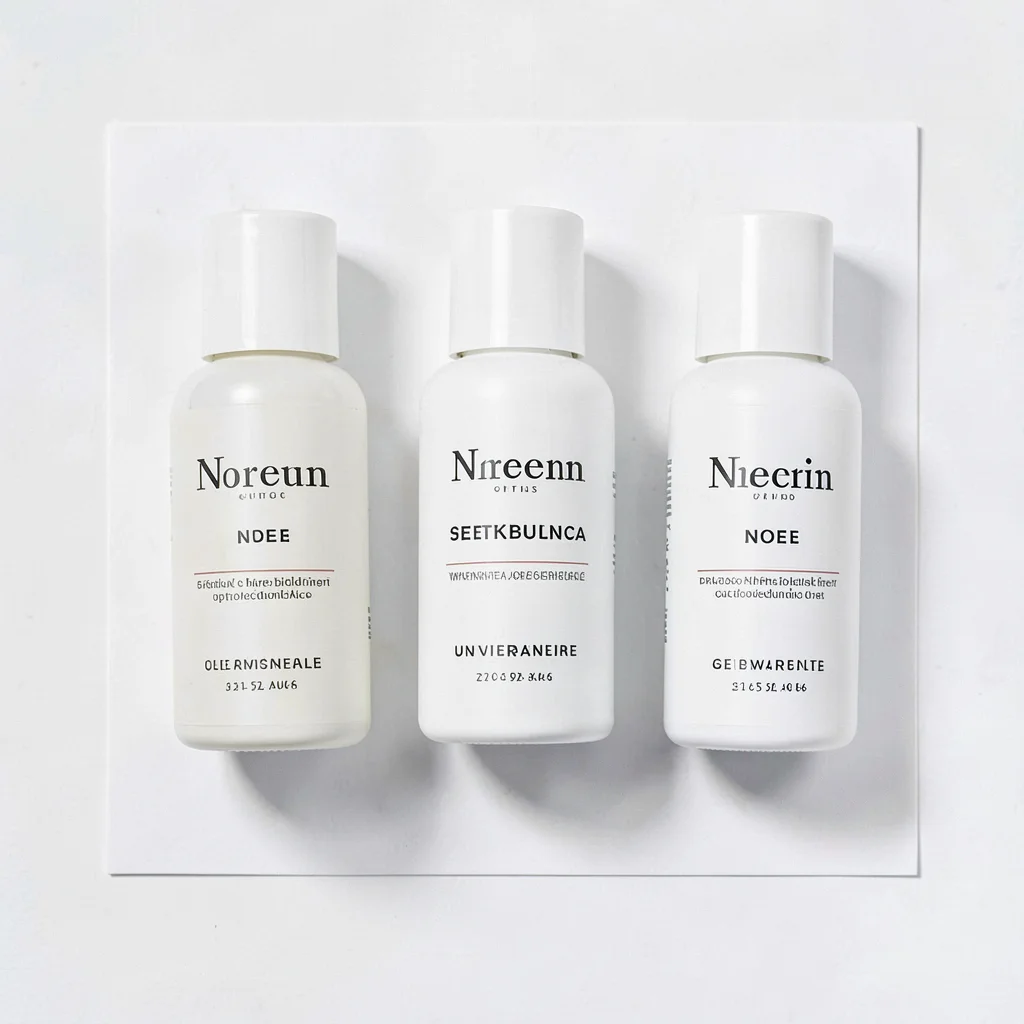 Clean overhead of three unbranded skincare bottles in a tight row on white paper