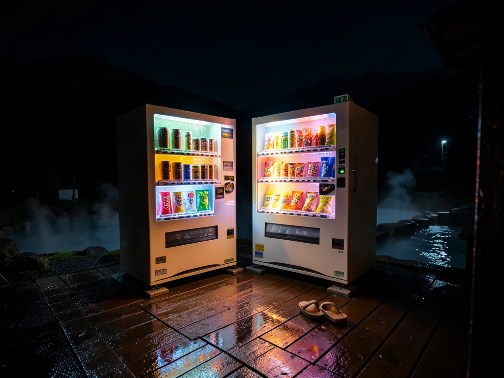 A pair of vending machines at a countryside hot spring resort, positioned on a w