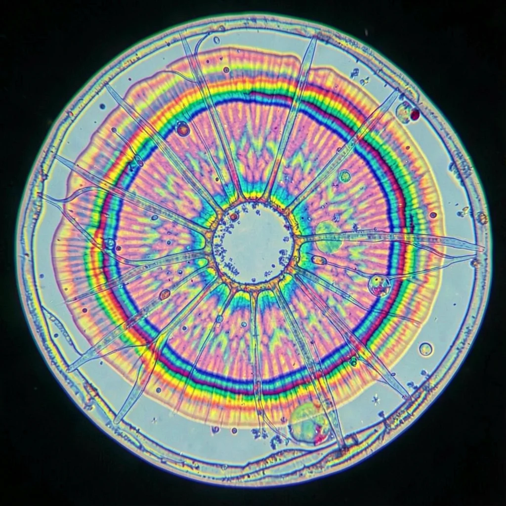 A synthetic polymer film crystallization — concentric banding pattern in birefri