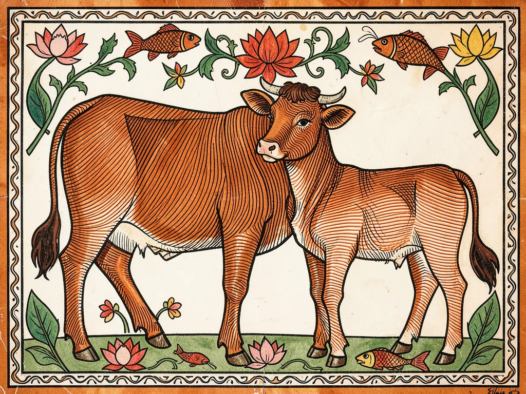 Cow and calf standing together, their bodies filled with parallel line texture