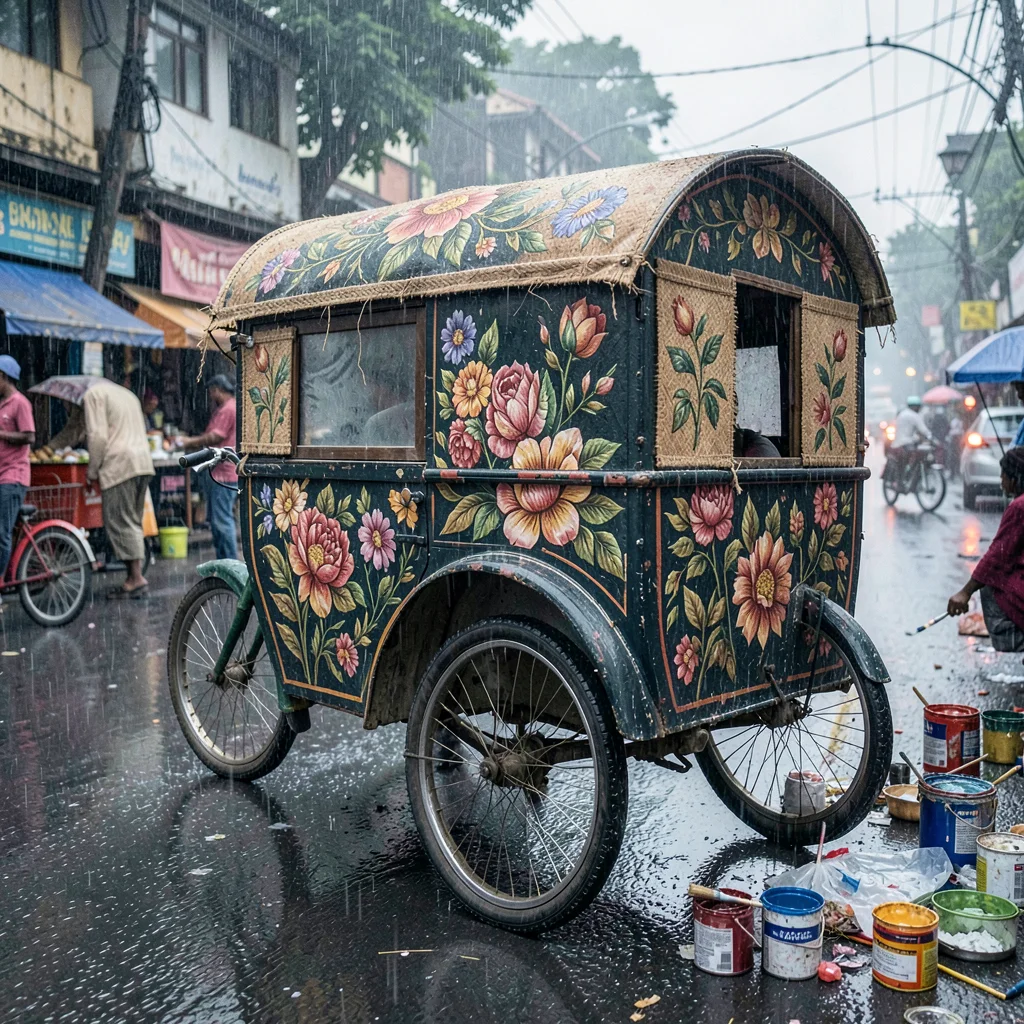 Kinetic density of Dhaka, Bangladesh, Rickshaw being repainted, artist adding fi