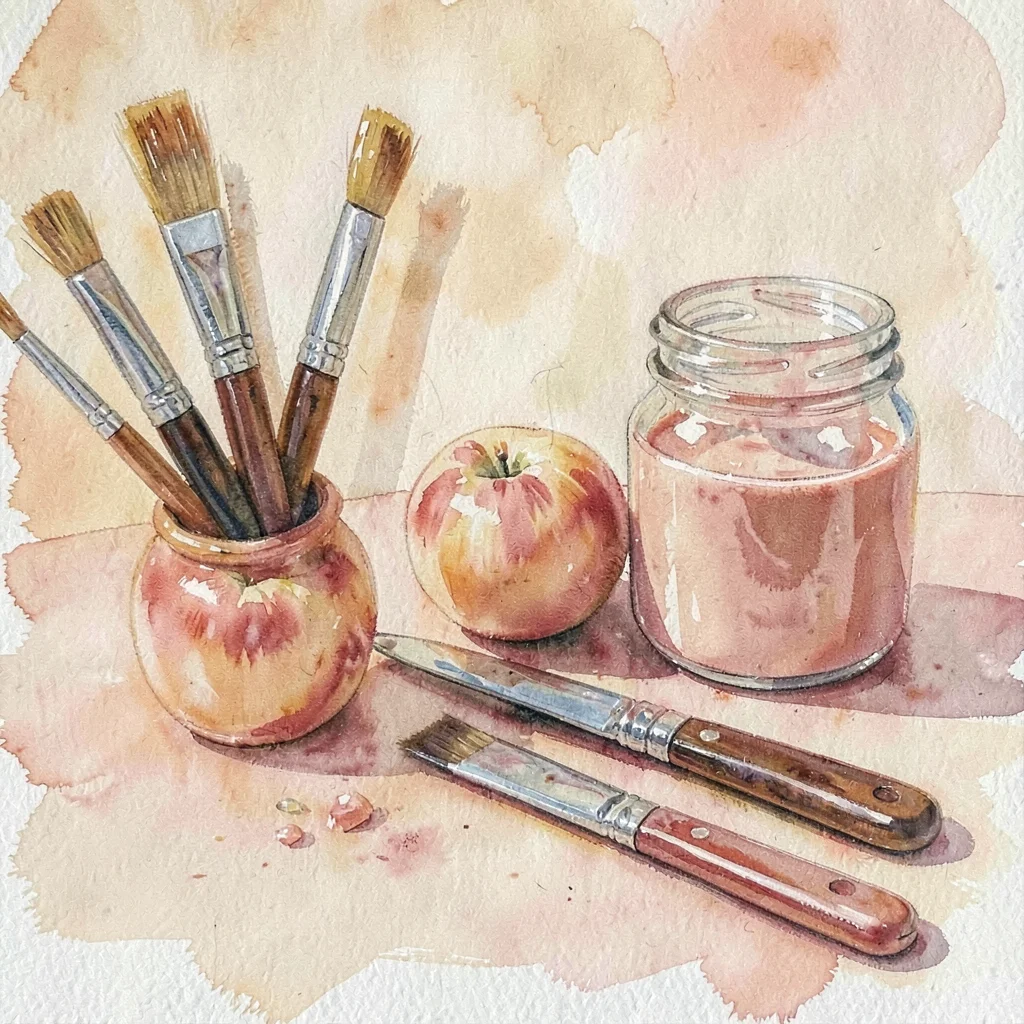Warm gouache of a still life of brushes, palette knives and a jar of solvent, pe