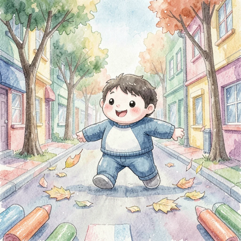A friendly wind character pushing torn-paper leaves down a crayon street