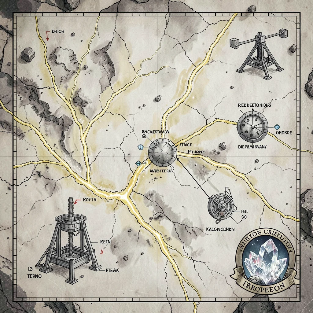 A sci-fi mining-asteroid surveyor's chart with veins of rare-earth ore in pale-y
