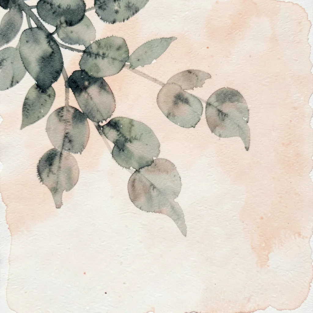 A scattered eucalyptus-leaf shadow projects across the upper-left in deep sage a