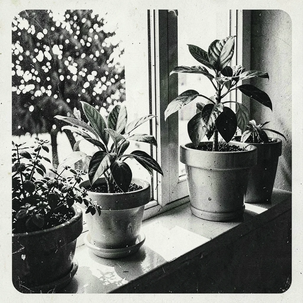 Risograph-style illustration, potted plants on windowsill , spot color layer sim