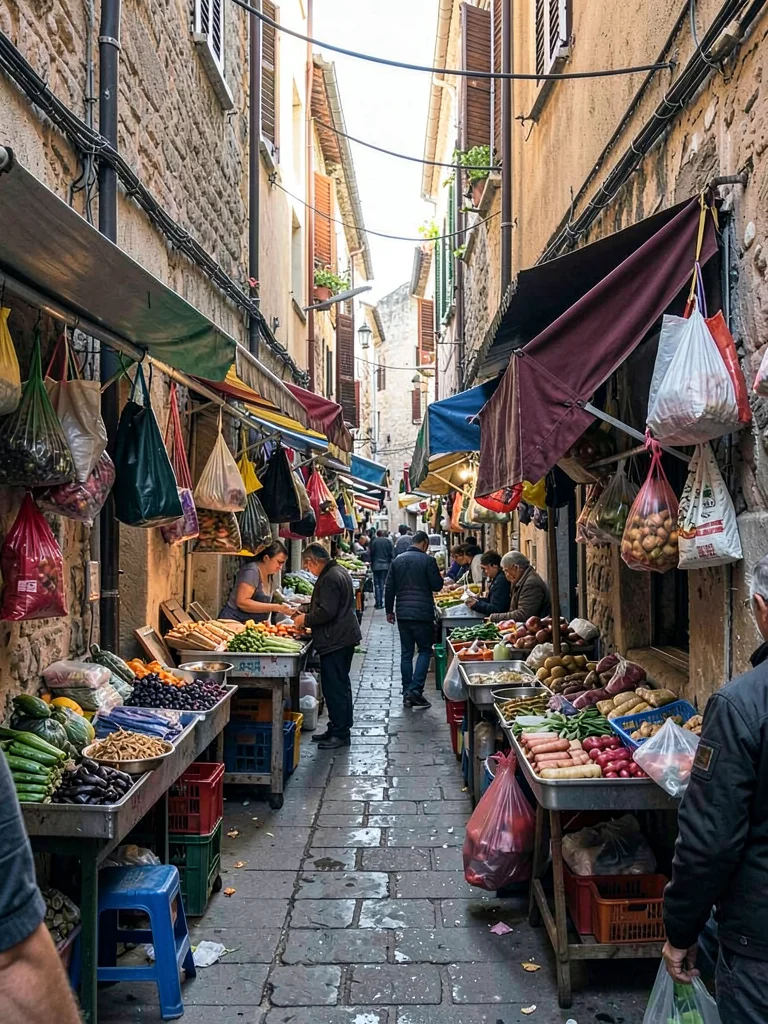 Market stalls layered in narrow alley