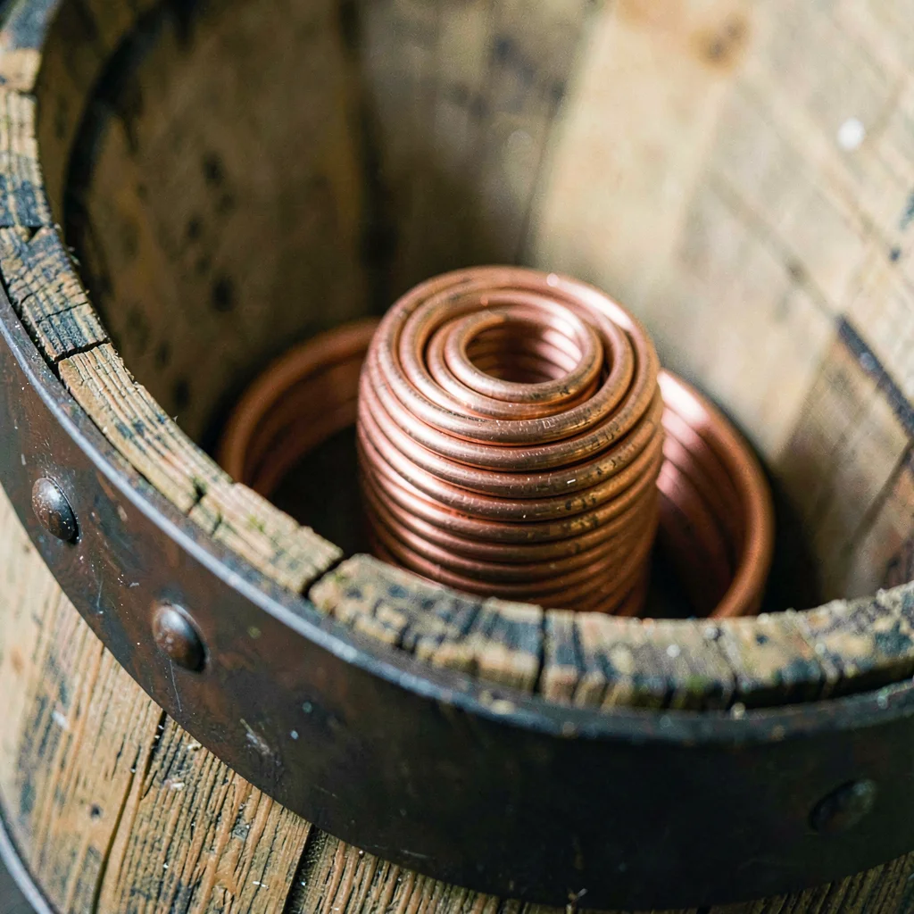 Macro of a copper coil emerging from a wooden barrel housing, mineral-crisp ligh