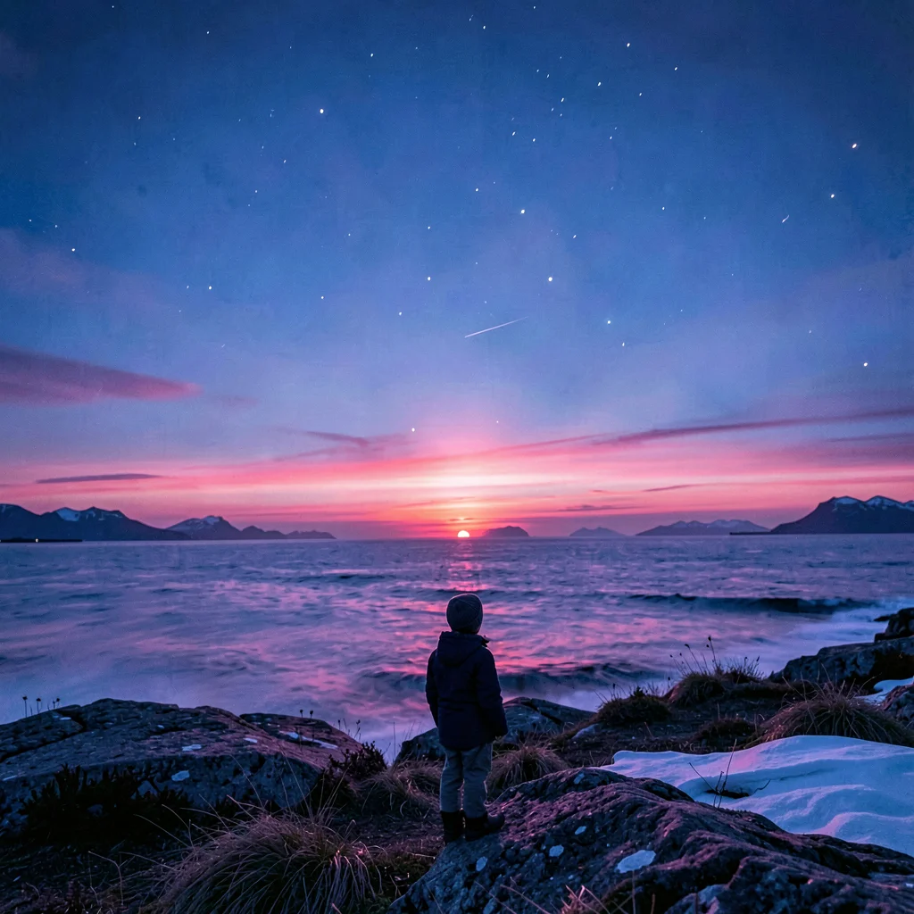 Polar liminal light, extended blue hours, A child watching the sun touch the hor