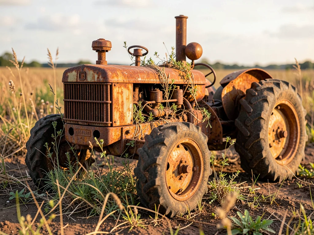 Old tractor in field, rust and weeds claiming machine, agricultural entropy
