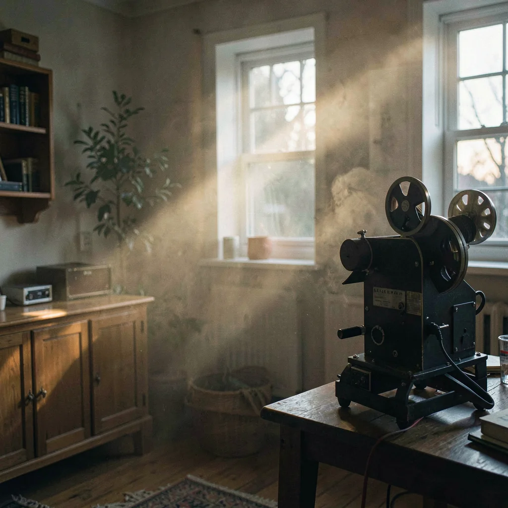 Quiet evening atmospheric of a film projector beam slicing through a haze of dus
