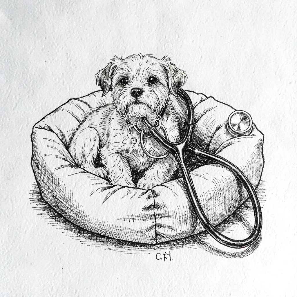 Pen-and-ink editorial of a stethoscope draped over a small dog bed, fine ink lin