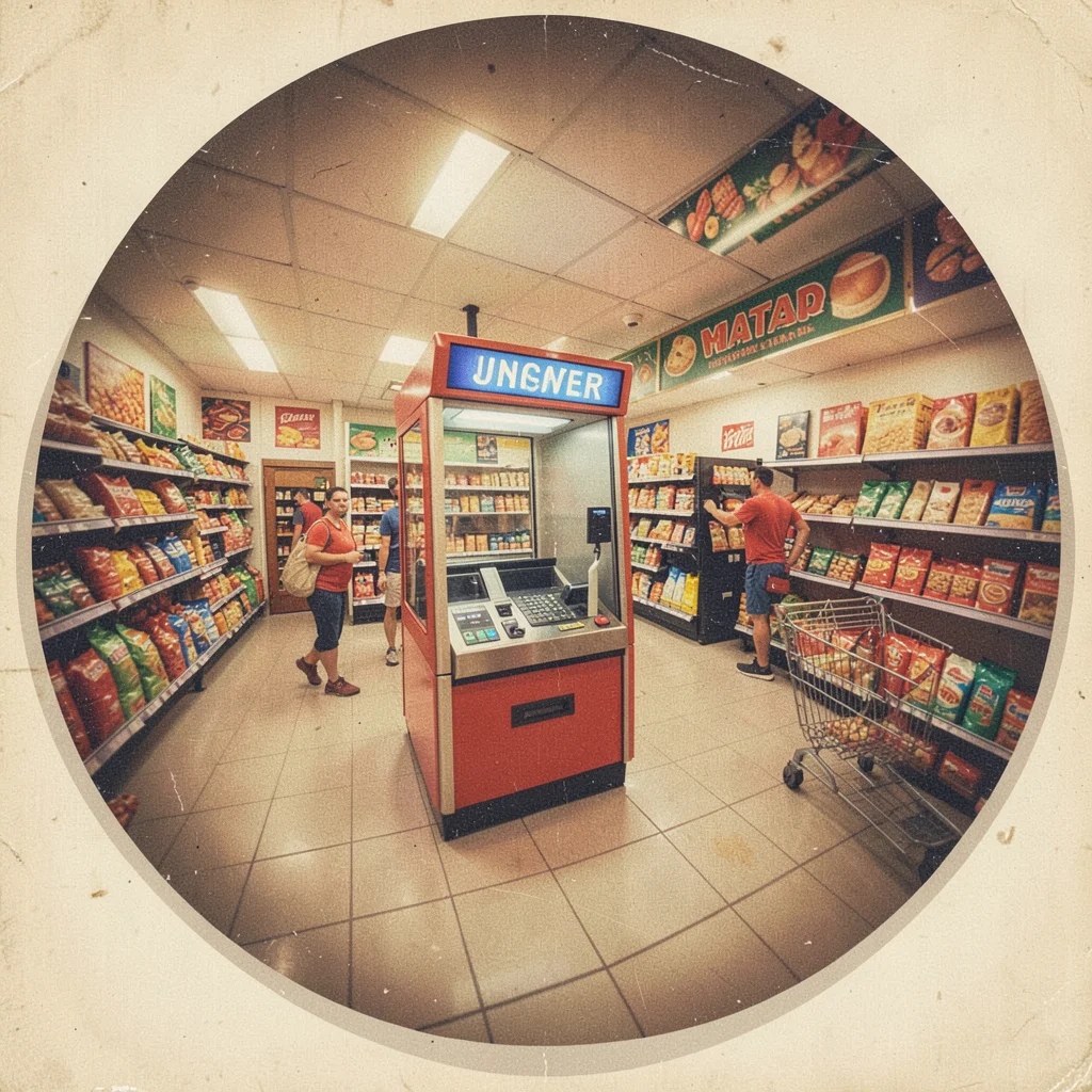 Self-checkout kiosk area at a supermarket as kitschy tourist attraction