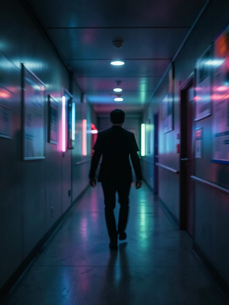 Figure walking away down neon-lit corridor, motion blur, melancholic atmosphere