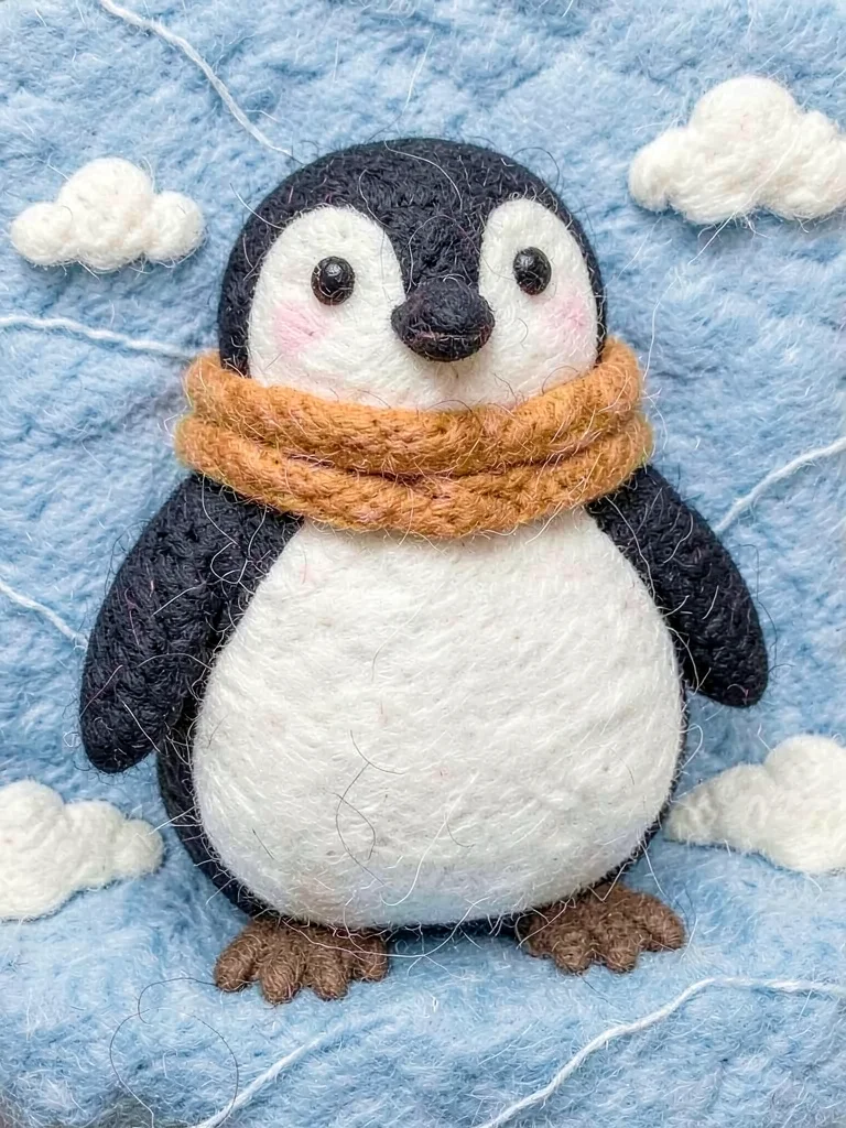 Penguin with scarf on ice