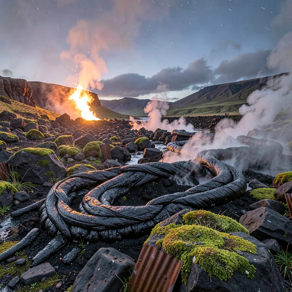 Volcanic otherworldly light in Iceland, the pattern of lava ropes frozen in blac