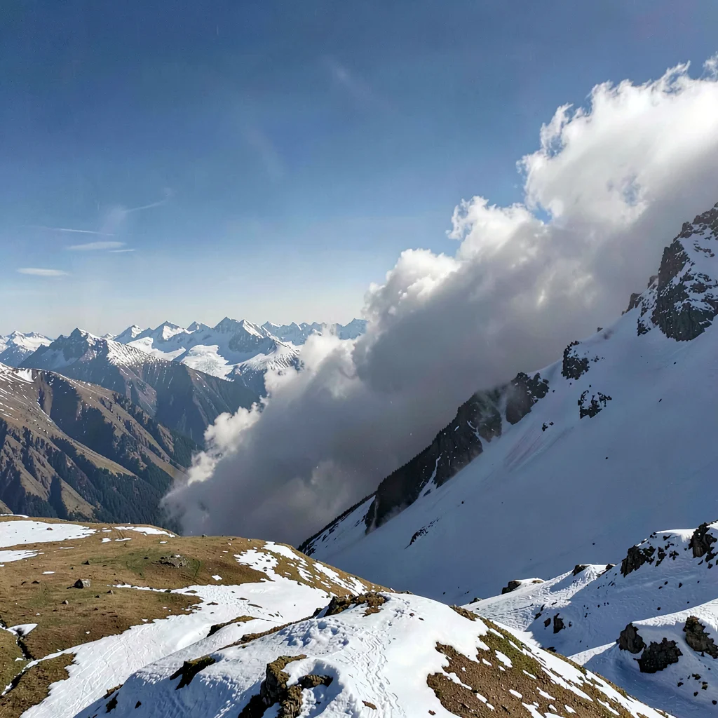 Crystal clear high-altitude light, sharp mountain air quality, Snow squall appro