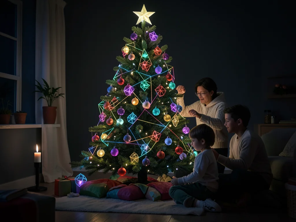 Family decorating Christmas tree together, ornaments, lights, living room