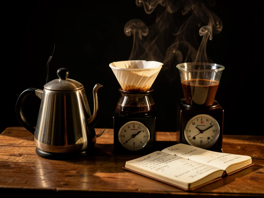 A pour-over station: kettle, grinder, V60, timer, scale, and a notebook with bre