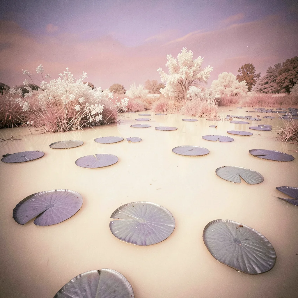 Lily pads scattered across a still pond rendered as silver discs on warm cream w