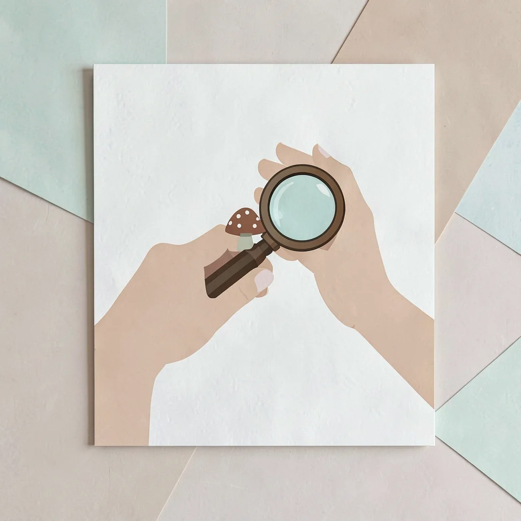 Flat-vector module card of a hand holding a hand-lens over a tiny mushroom, mint