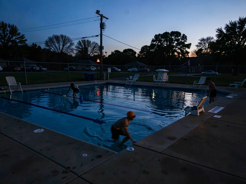 Community pool closing, lifeguard collecting lane lines, long shadows