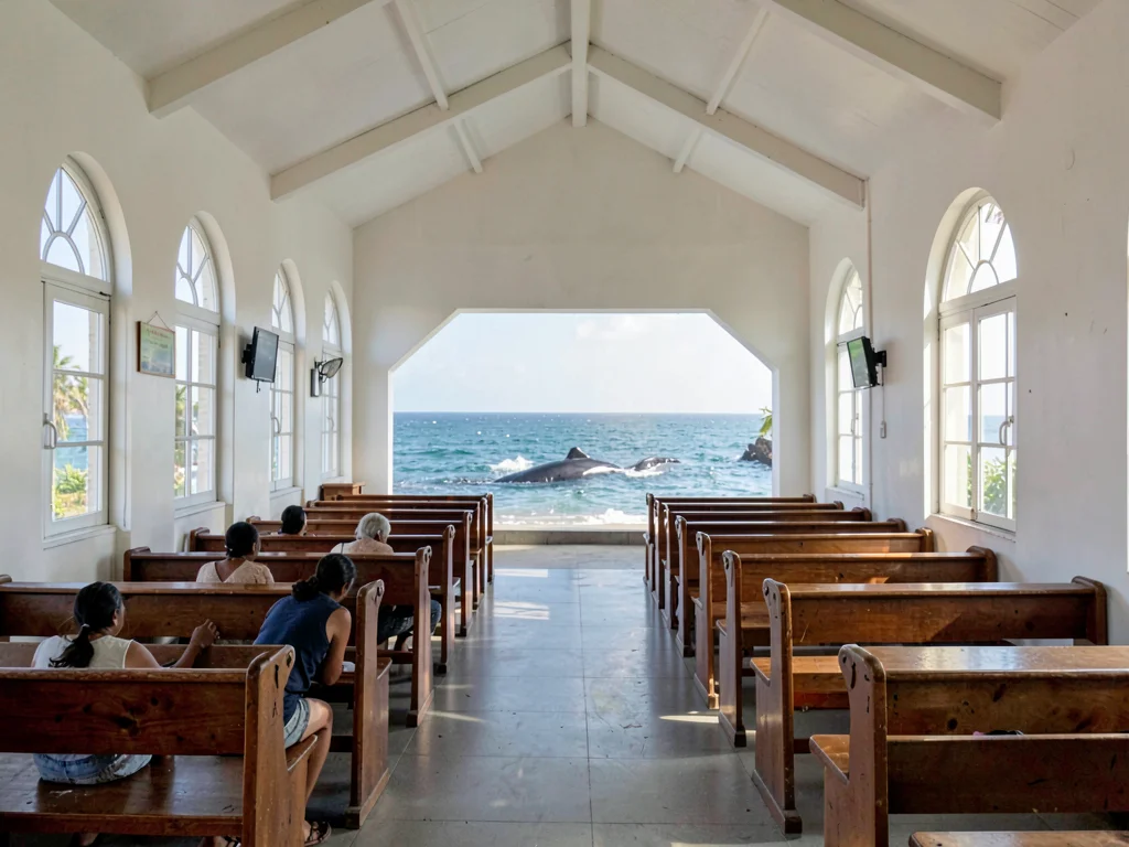 Sunday stillness in Nuku'alofa, Tonga, Simple white church interior with wooden 