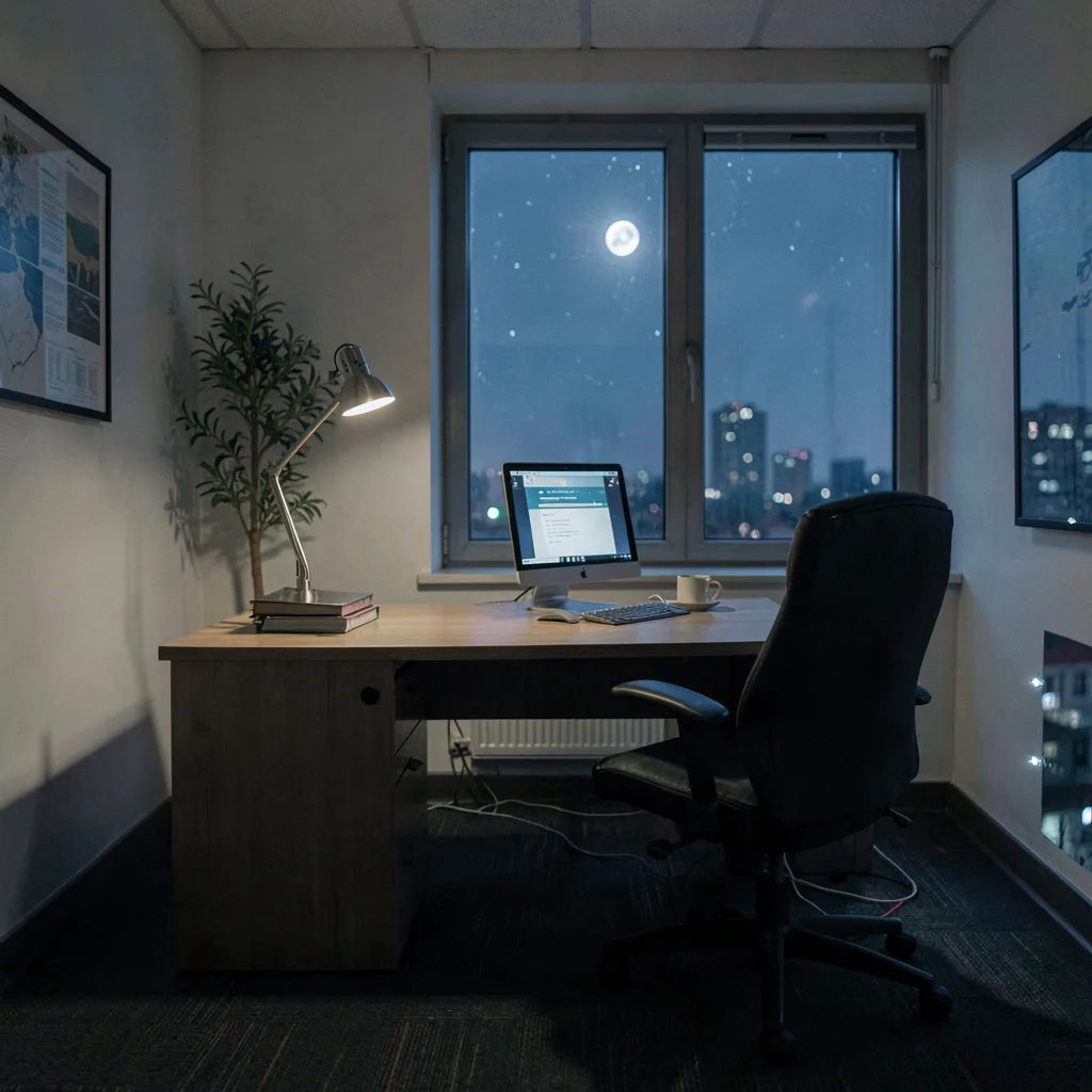 Wide nocturnal shot of a small SMB office at night with a single desk lamp on